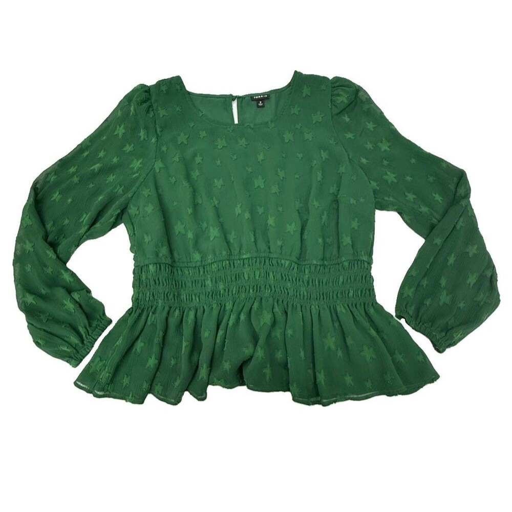 TORRID 2X Green Star Print Peplum Blouse Smocked Waist Sheer Puff Sleeve
